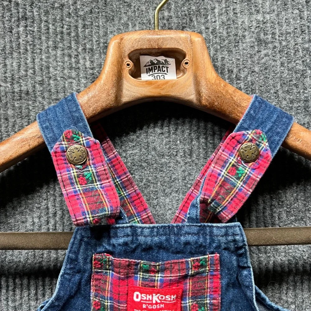 Vintage OshKosh Bgosh Jumper Dress Kids 2T Blue Denim Plaid Floral‎ Embroidered